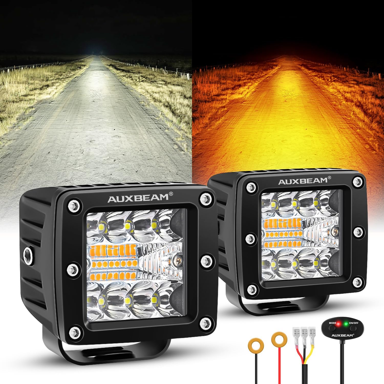 Auxbeam 3Inch 72W Dual Color Amber White LED Cube Lights 6 Modes Flashing Strobe...