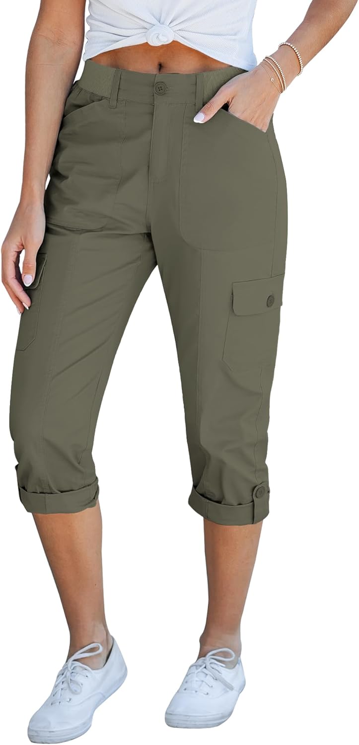GRAPENT Cargo Capri Pants for Women High Waisted Relaxed Fit Elastic Knit Waist...