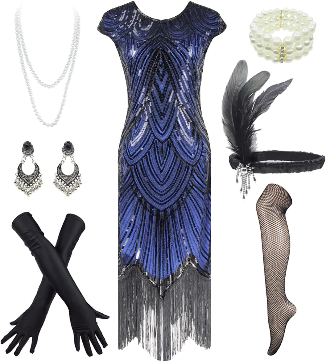 1920s Flapper Dress Roaring 20s Great Gatsby Fringed Sequin Dress Accessories Se...