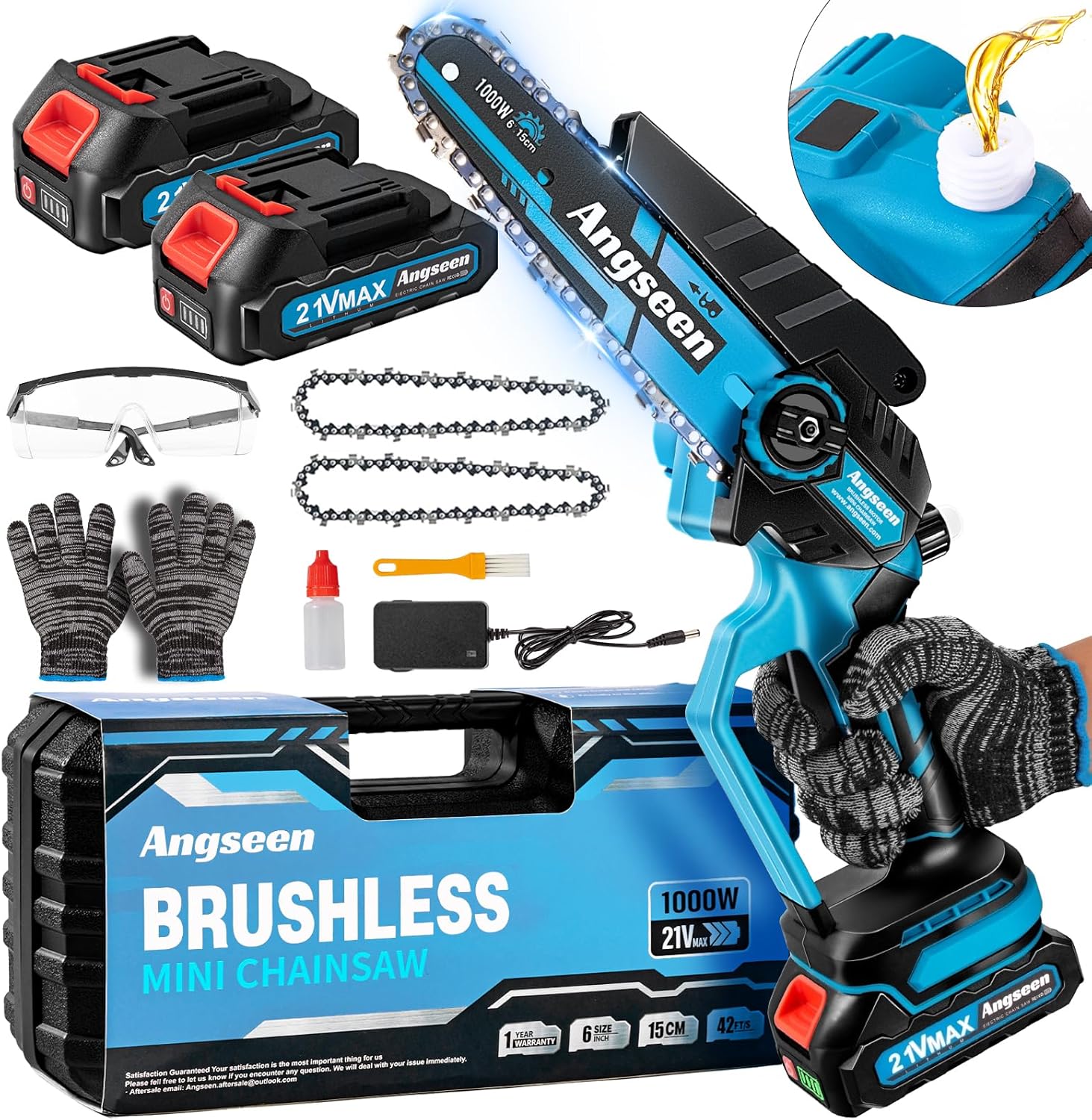 Mini Chainsaw - Brushless Motor 1000W, Electric Chainsaw Cordless 6 Inch with Au...