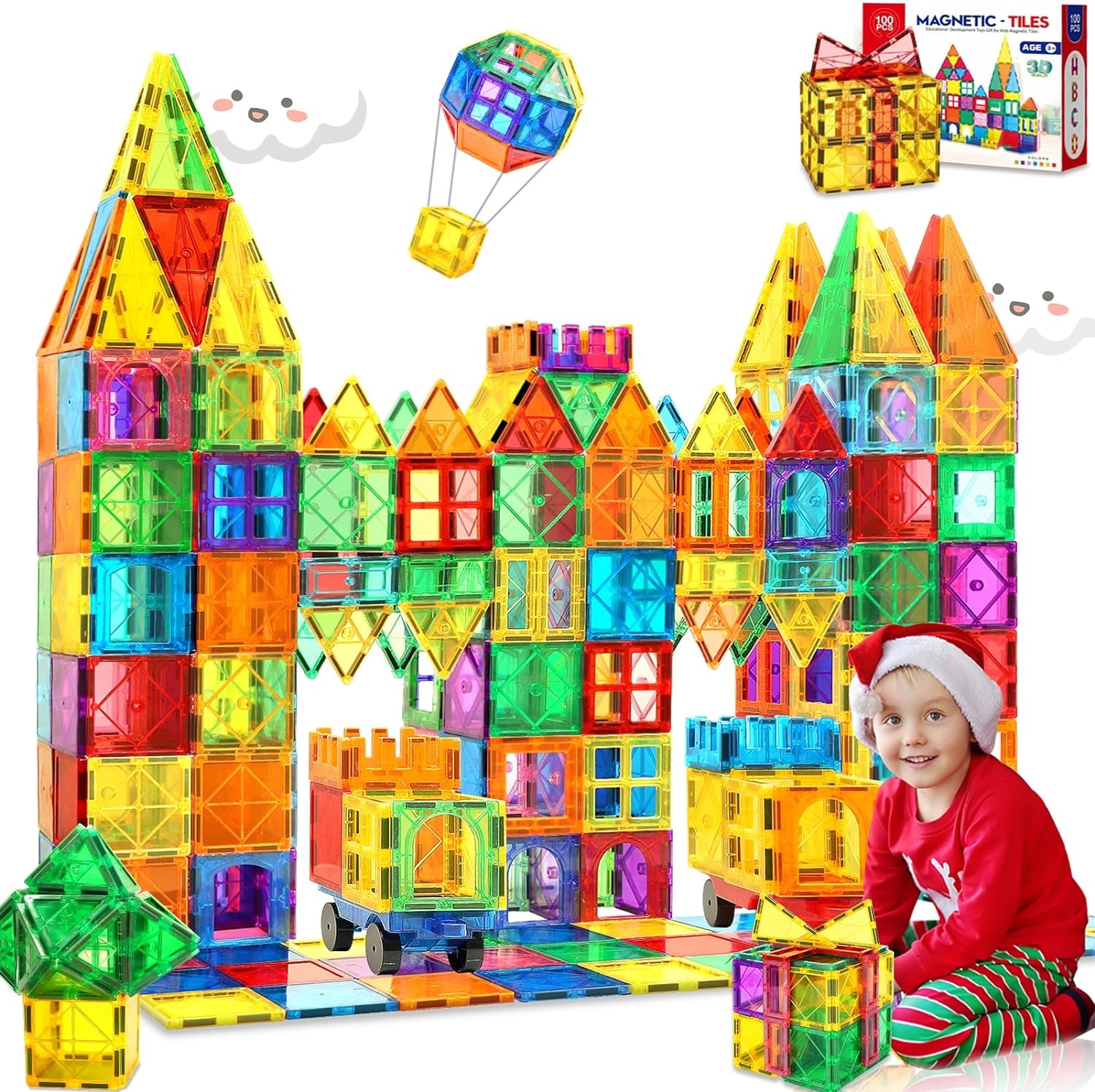 Magnetic Tiles,100PCS Magnet Building Blocks for Kids Educational Magnetic Block...