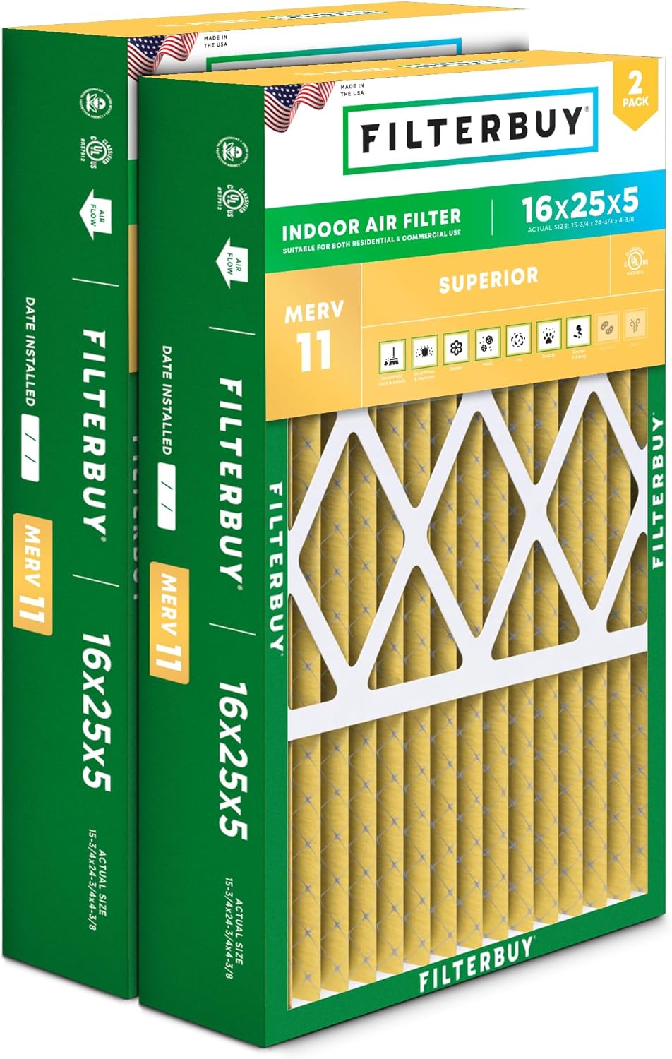 Filterbuy 16x25x5 Air Filter MERV 11 Allergen Defe...