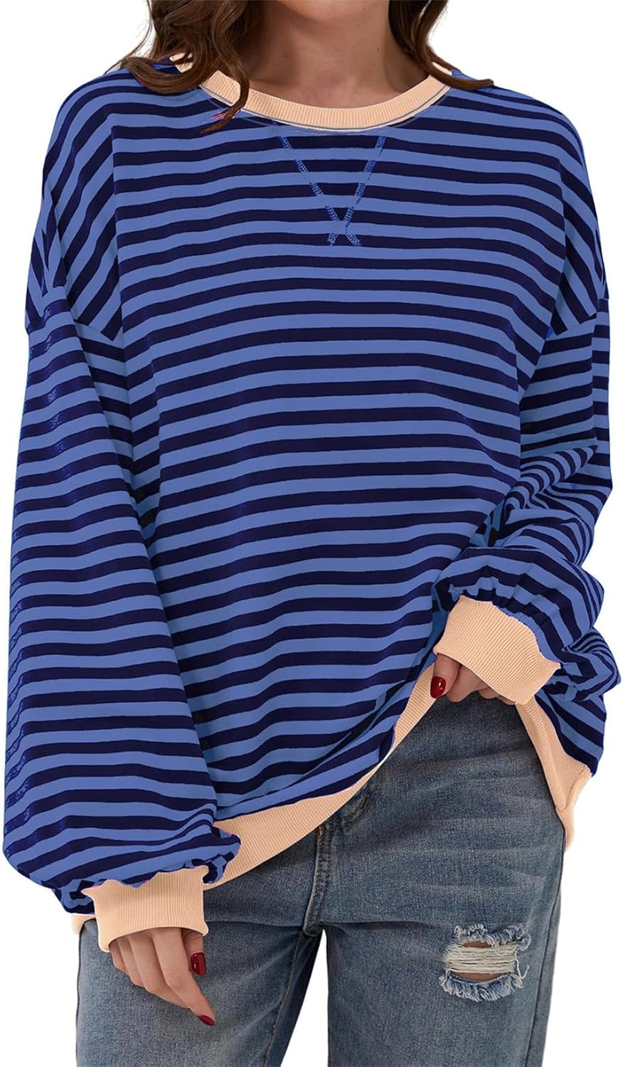 AlvaQ Womens Oversized Sweatshirt 2024 Casual Crewneck Long Sleeve Colorblock St...