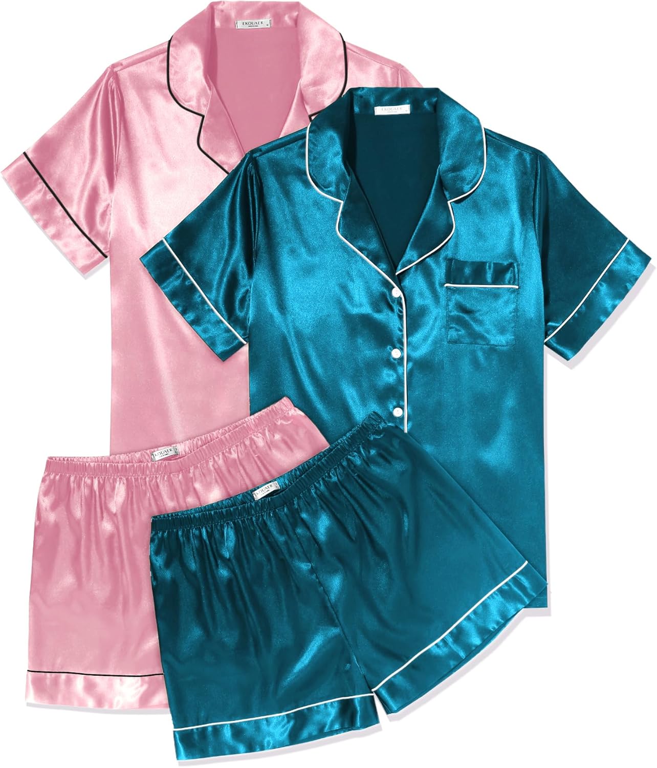 Ekouaer 2 Pack Womens Pajama Sets Silk Satin Short Sleeve Button Down Sleepwear...
