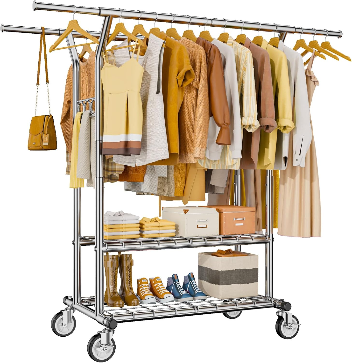 Heavy Duty Clothes Rack, Rolling Clothing Rack With Shelves Load 620 LBS, Double...