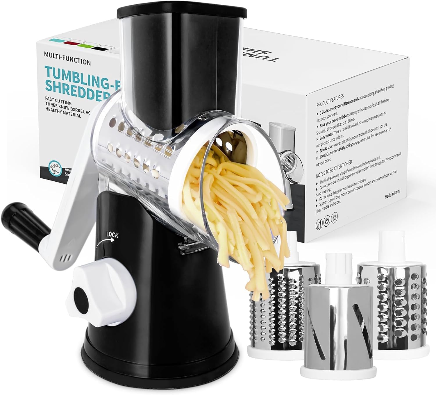 X Home Rotary Cheese Grater for Kitchen, Shredder with 3 Interchangeable Blades,...
