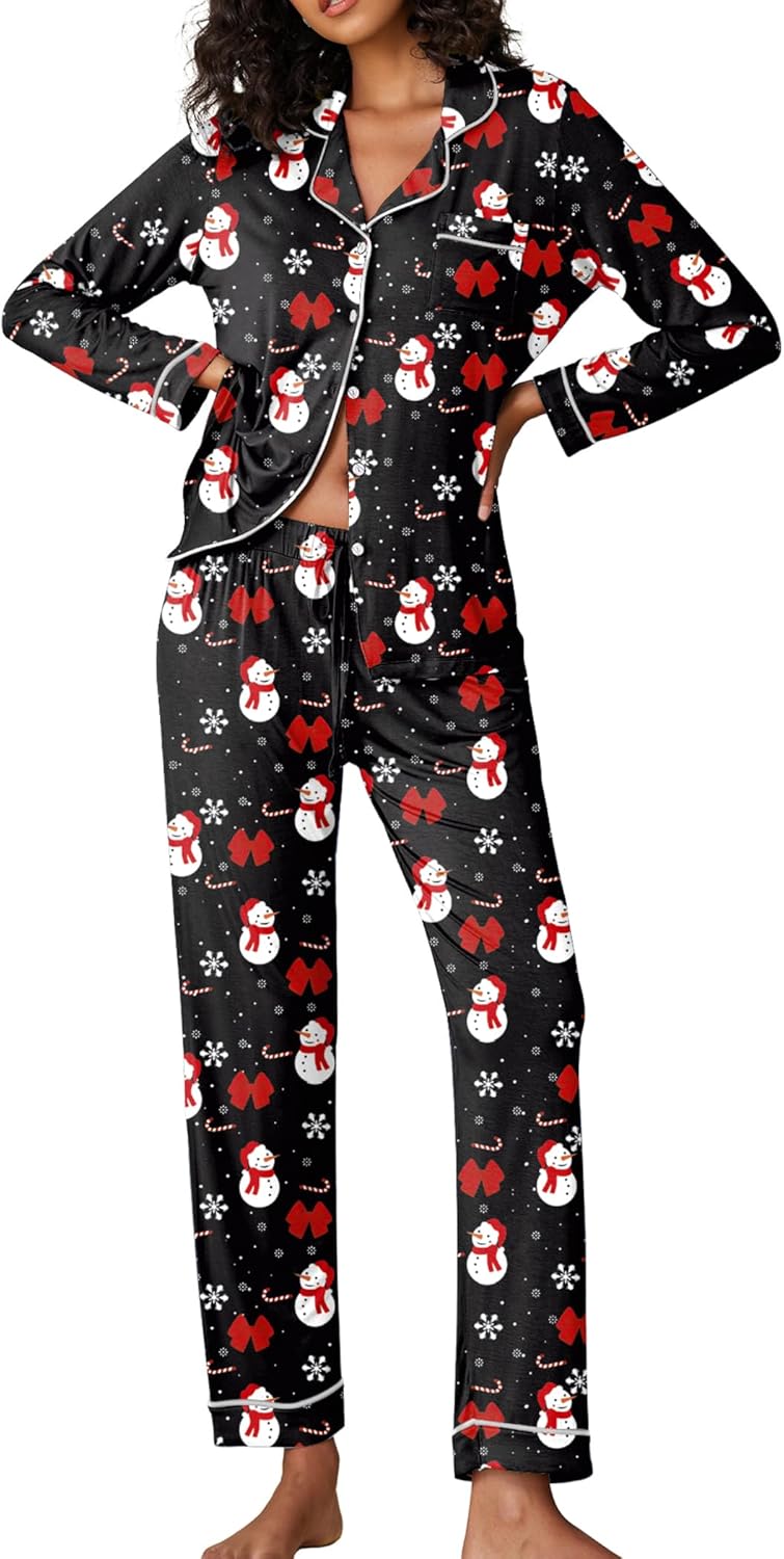 Ekouaer Pajamas Women's Long Sleeve Sleepwear Soft Button Down Loungewear Pjs Lo...