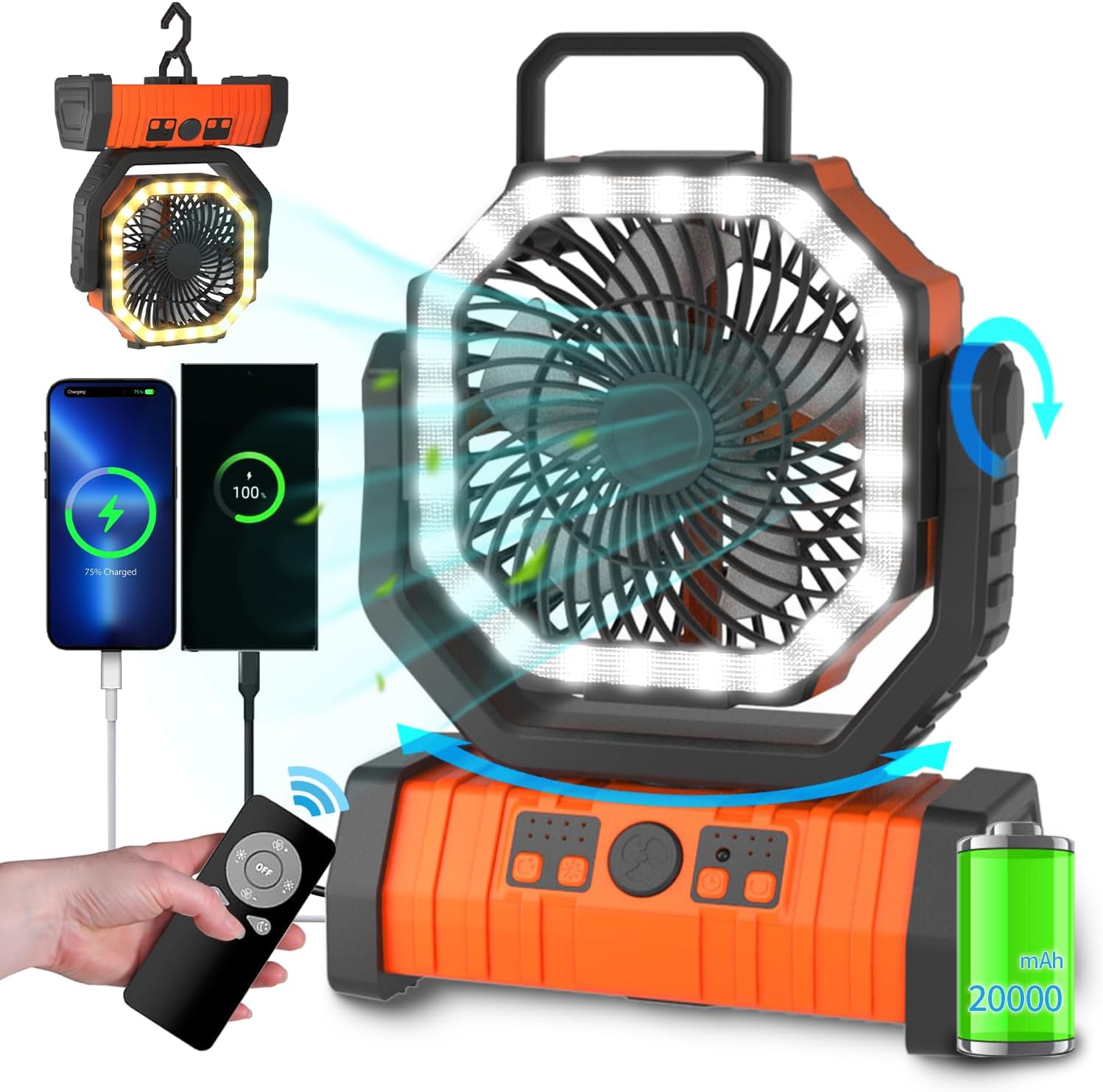 ADUST Camping Fan Battery Operated Powered Fan with LED Lantern Light 20000mAh R...