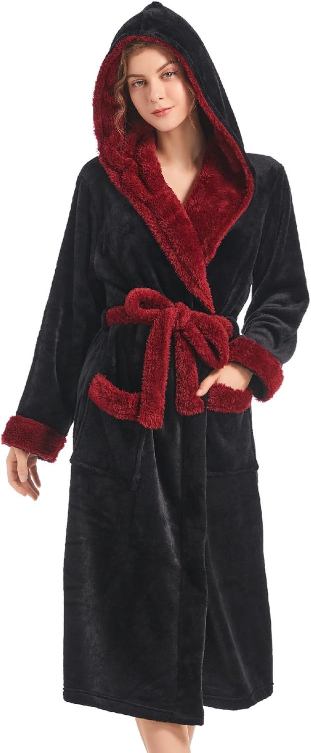 Inner Wish Women Hooded Plush Robe, Fleece Cozy Warm Bathrobe Large-X-Large Blac...