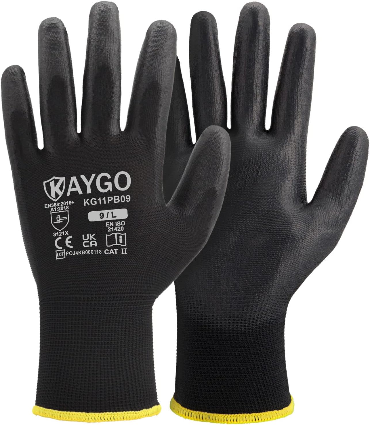 KAYGO Work Gloves PU Coated-12 Pairs, KG11PB, Black Safety Working Gloves with S...