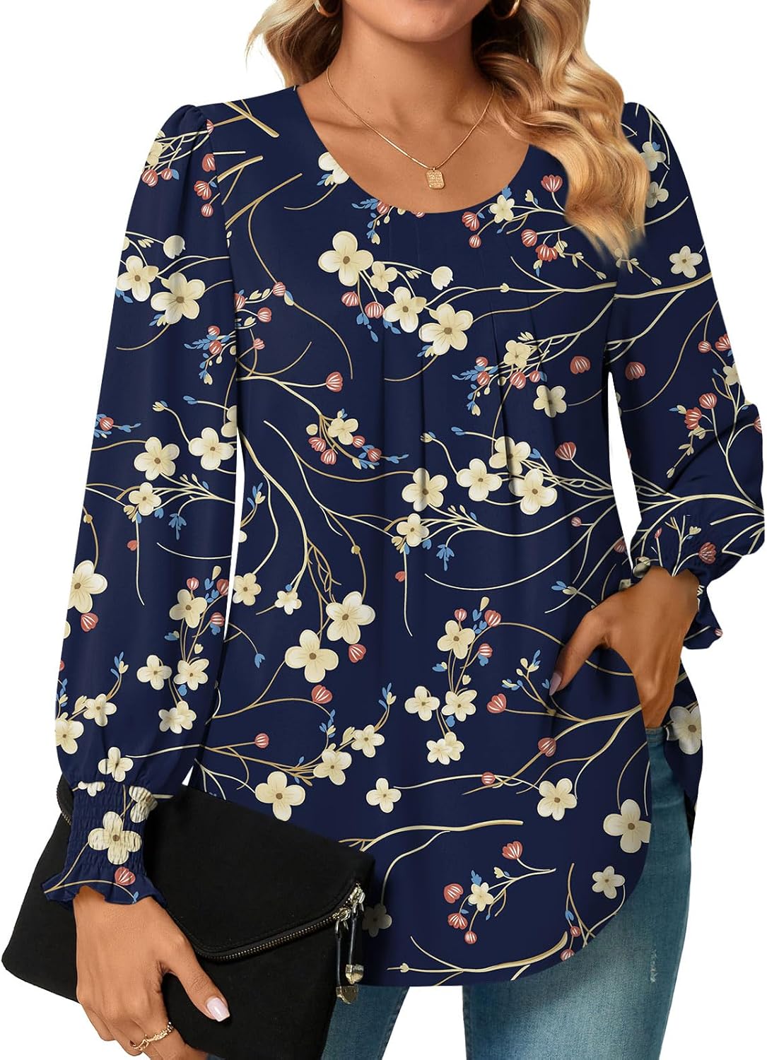 Bestbee Womens Long Sleeve Tunic Tops Dressy Chiffon Blouses Shirts Crew-Neck Sm...