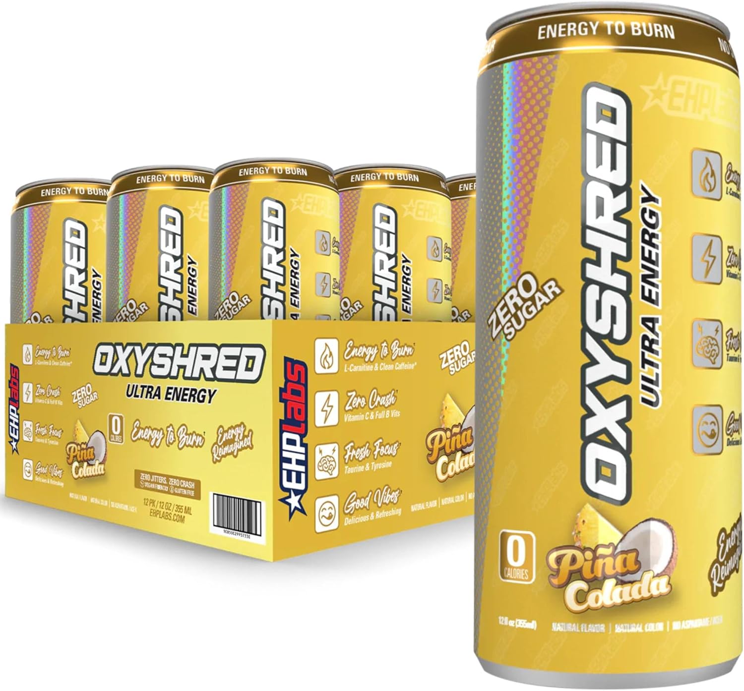 EHP Labs OxyShred Energy Drink - Sugar Free Energy Drinks with Amino Acids, Gree...
