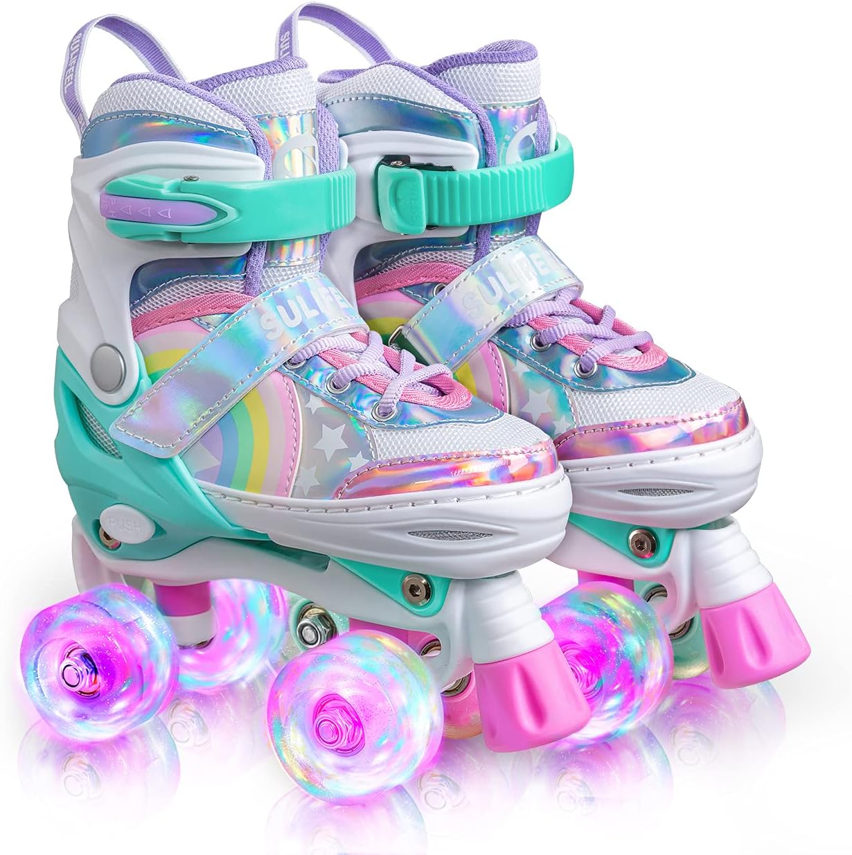 SULIFEEL Rainbow Unicorn 4 Size Adjustable Light up Roller Skates for Girls Boys...