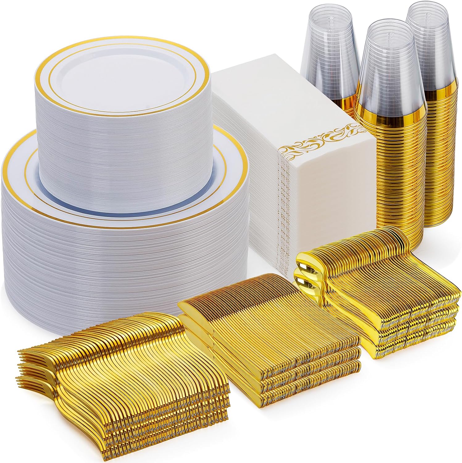 Goodluck 700 Piece Gold Dinnerware Set for 100 Guests, Disposable for Party, Inc...