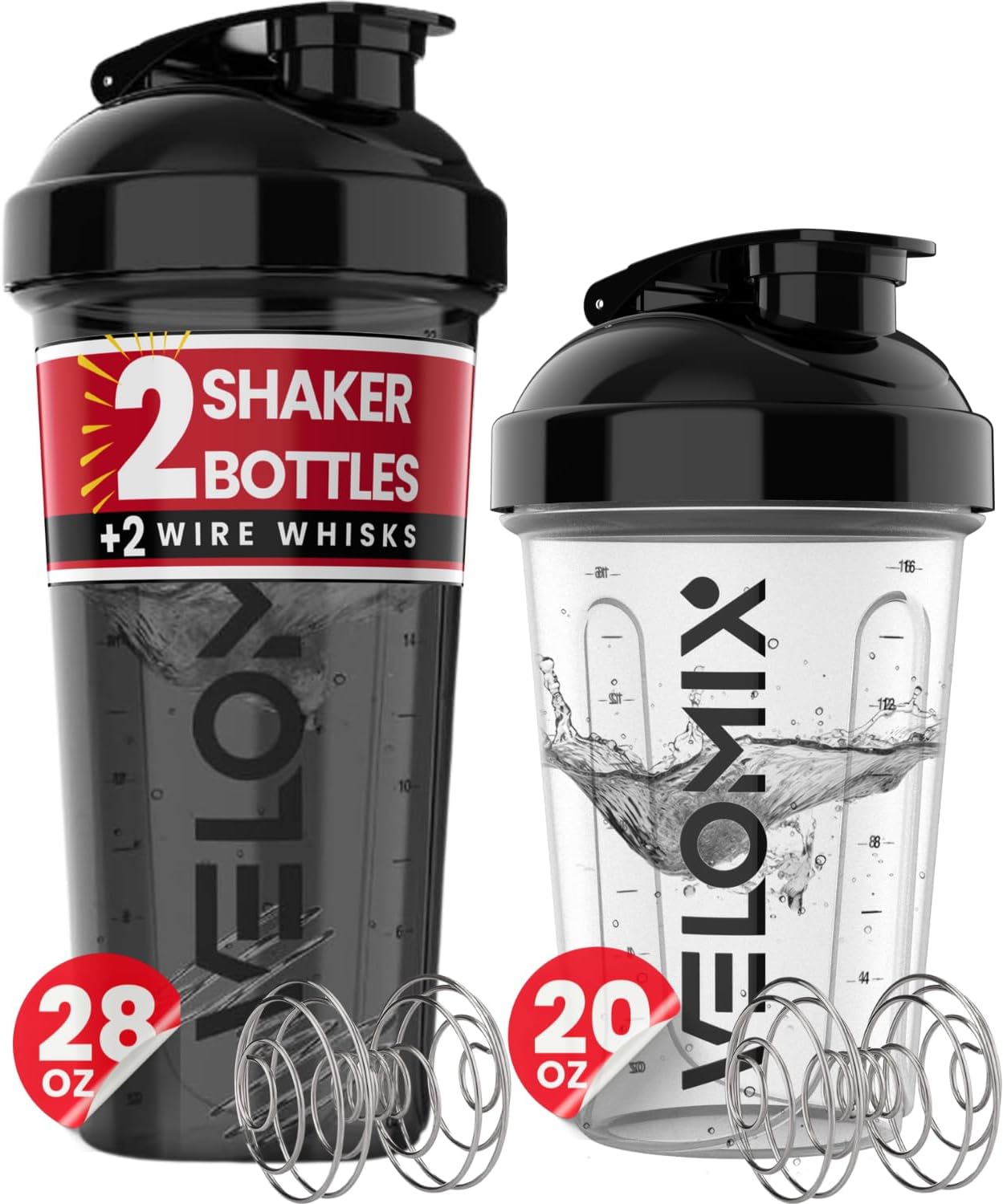 -2 Pack- 20&28 oz Protein Shaker Bottles for Protein Mixes - 2x Wire Whisk | Lea...