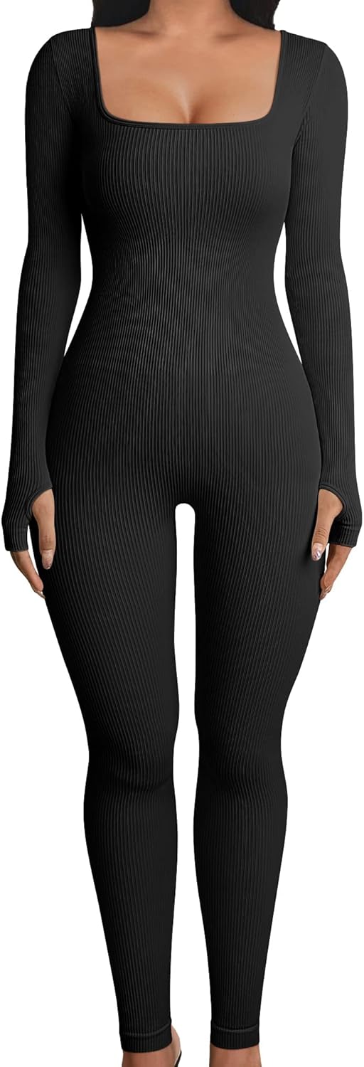 Women Workout Seamless Jumpsuit Yoga Ribbed One Piece Long Sleeve Leggings Rompe...