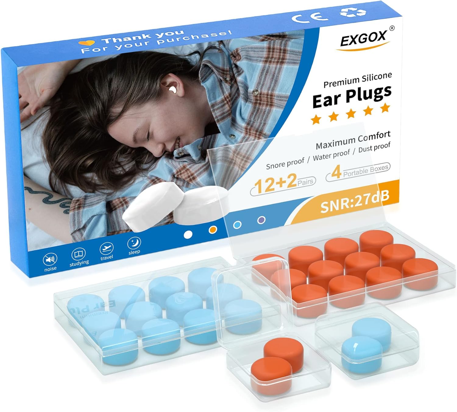 EXGOX 14 Pairs Silicone Ear Plugs for Sleeping Noise Cancelling Reusable Moldabl...