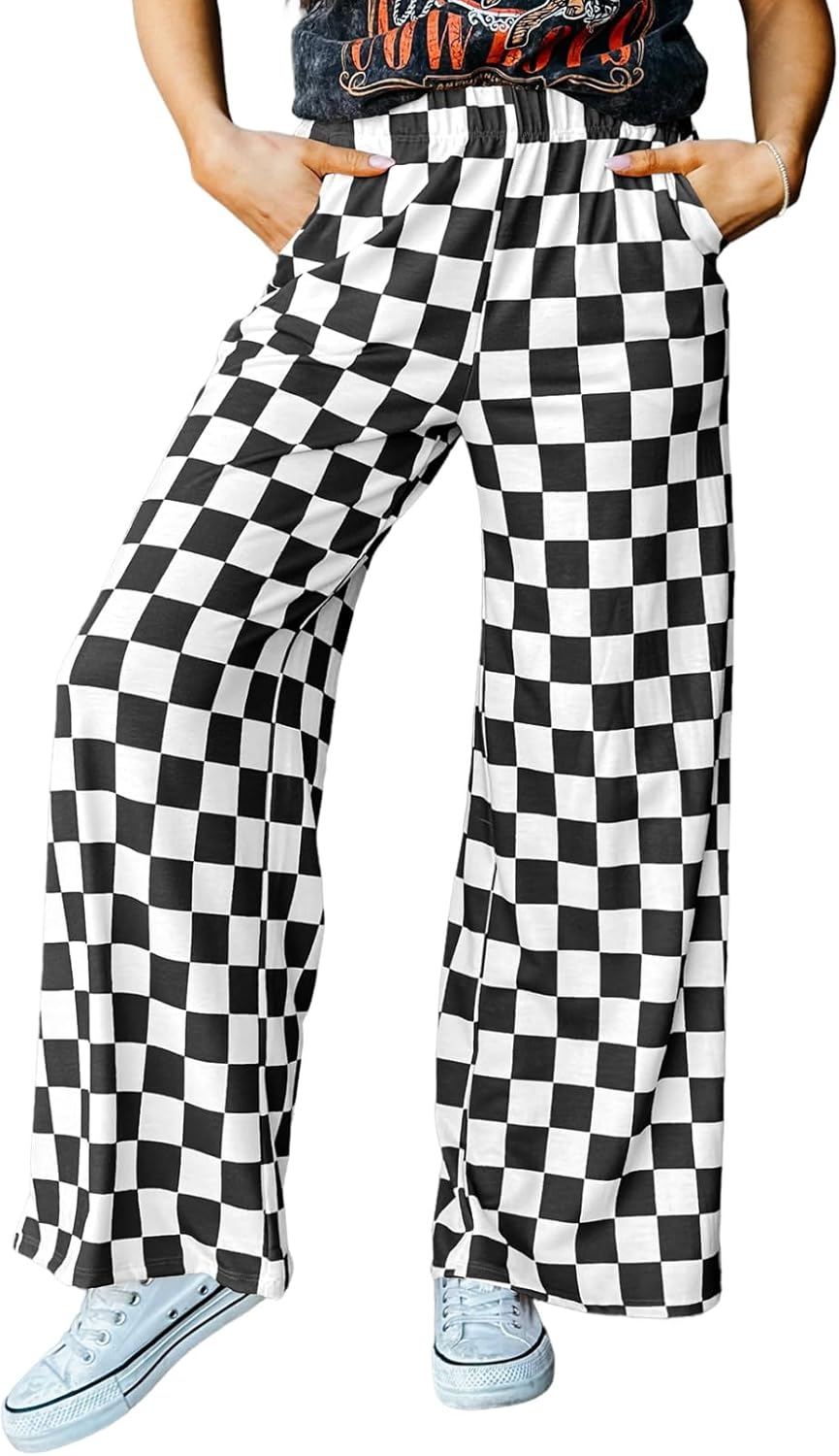 Acelitt Womens Casual Checkered Pants Elastic Waist Comfy Loose Wide Leg Pants w...
