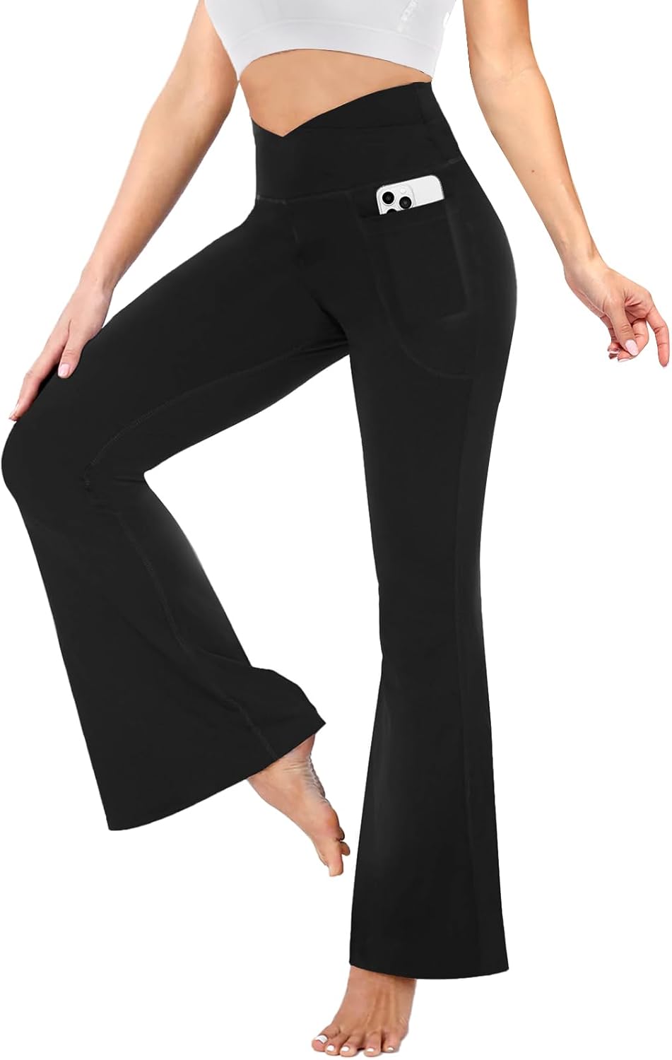 YOLIX Flare Leggings for Women with Pockets - Crossover High Waisted Black Flare...
