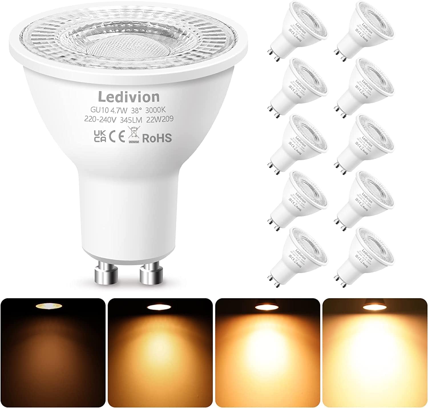 Ledivion GU10 LED Bulbs Warm White Dimmable, 4.7W...