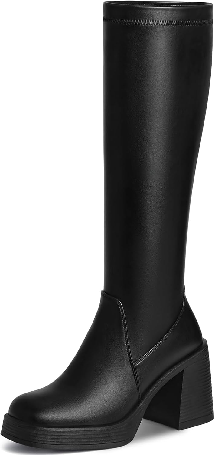Knee High Boots for Women - Square Toe Platform Chunky Heel Tall Boots with Side...