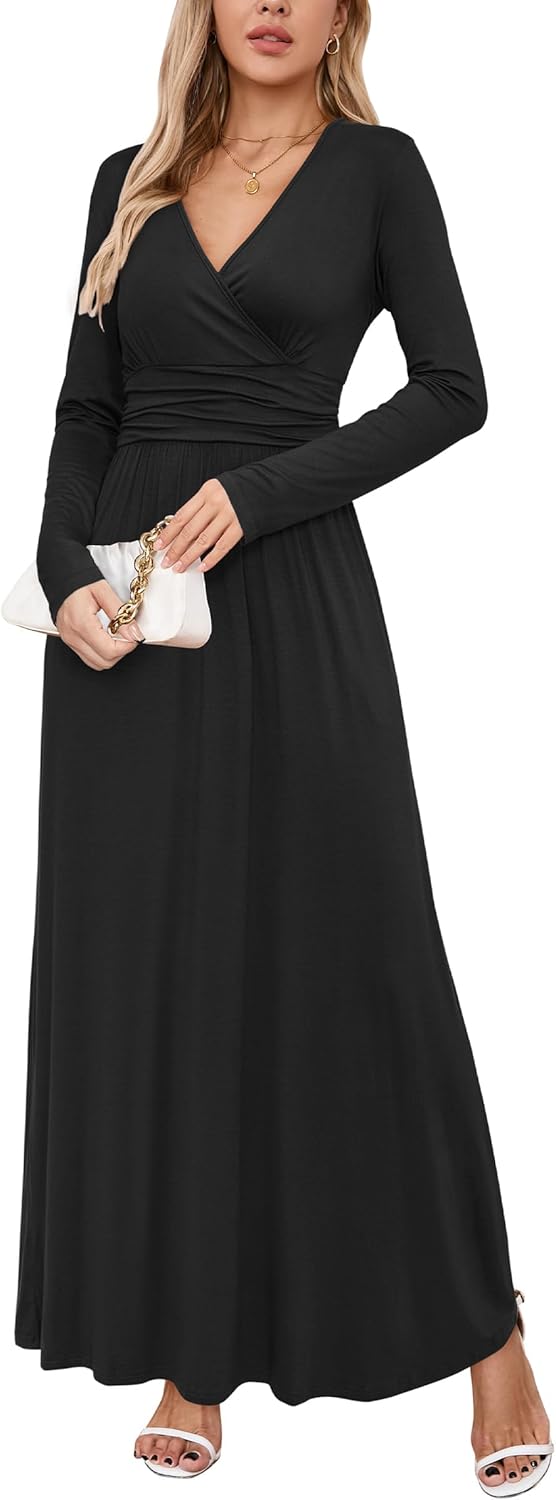 OUGES Women's Summer Spring Maxi Dress V Neck Short/Long Sleeve Ladies Casual Lo...