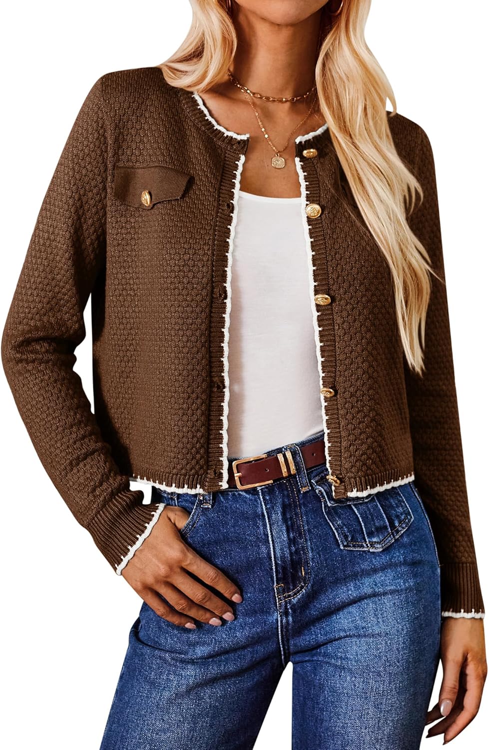GRACE KARIN Women's Lightweight Long Sleeve Cardigan Two-Tone Button Knit Sweate...