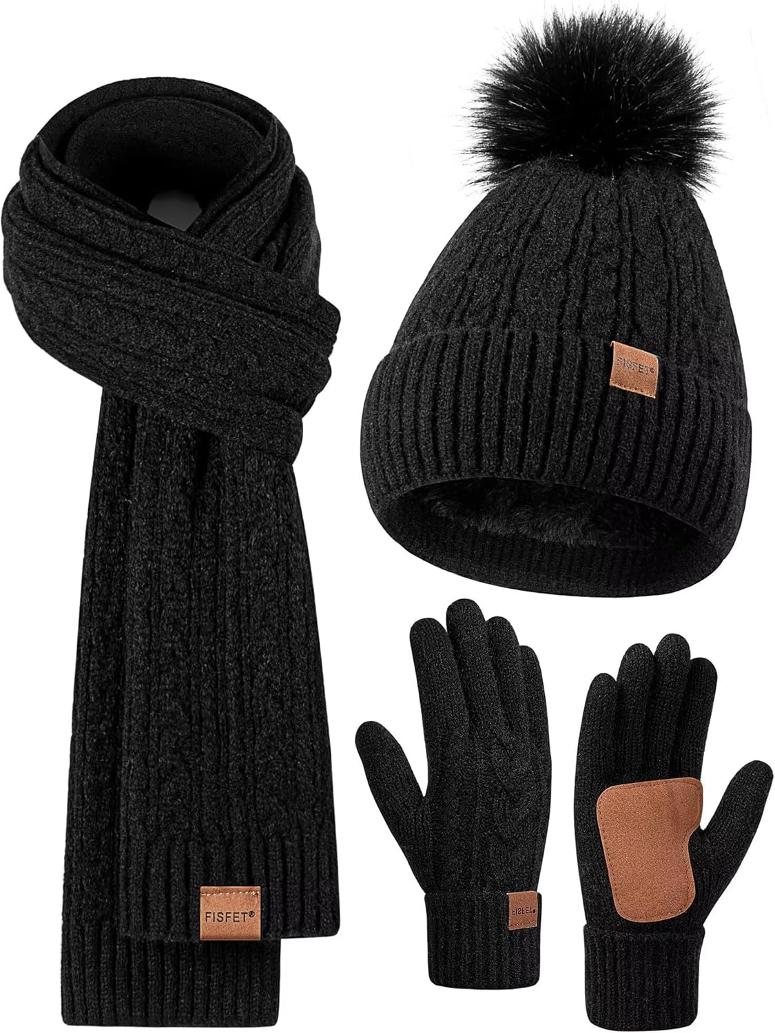 Winter Beanie Hat Scarf Gloves Set for Women, Pom Pom Beanie Fleece Lined Knit N...