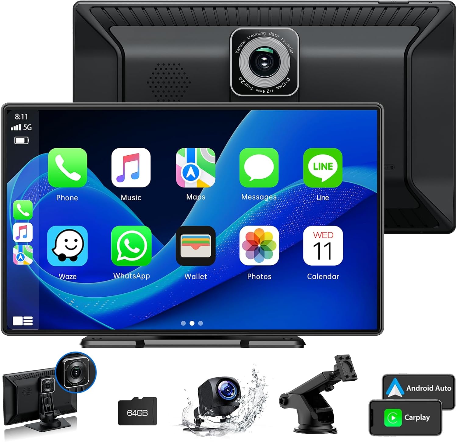 HOTPEAK 9'' Carplay Screen for Car with 2.5K Dash Cam,1080p Backup Camera, Porta...