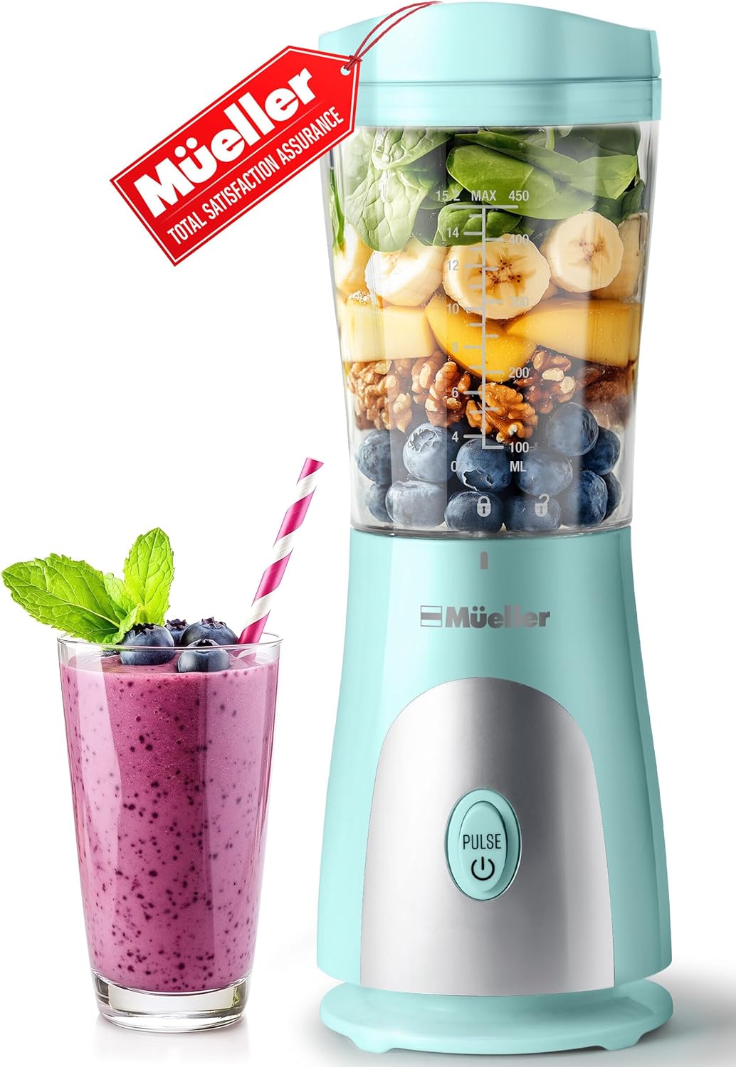 Mueller Personal Blender for Shakes and Smoothies with 15 Oz Travel Cup and Lid,...