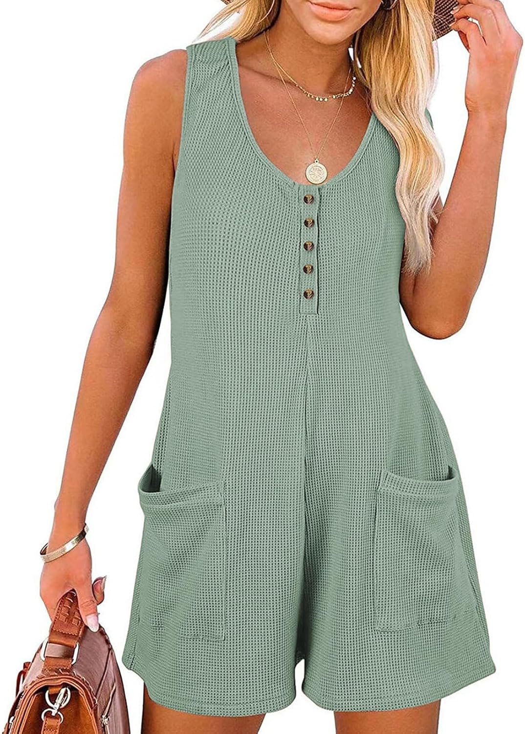 AlvaQ Womens Short Jumpsuits Solid Color Summer Casual Waffle Button Front Sleev...