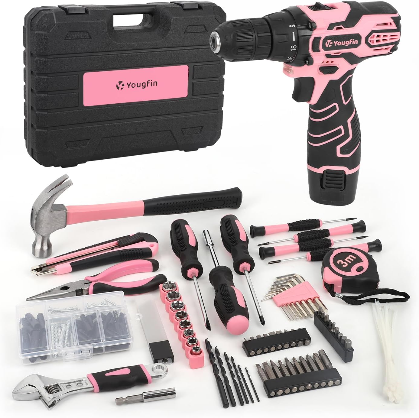 YOUGFIN Home Tool Kit with Power Drill 12V, Pink Women Cordless Drill Combo Set...
