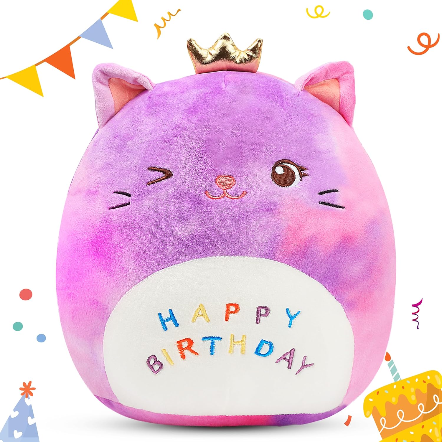 Easfan 12'' Rainbow Birthday Kitty Plush Pillow Soft Cat Plush Toy Cute Kitty St...