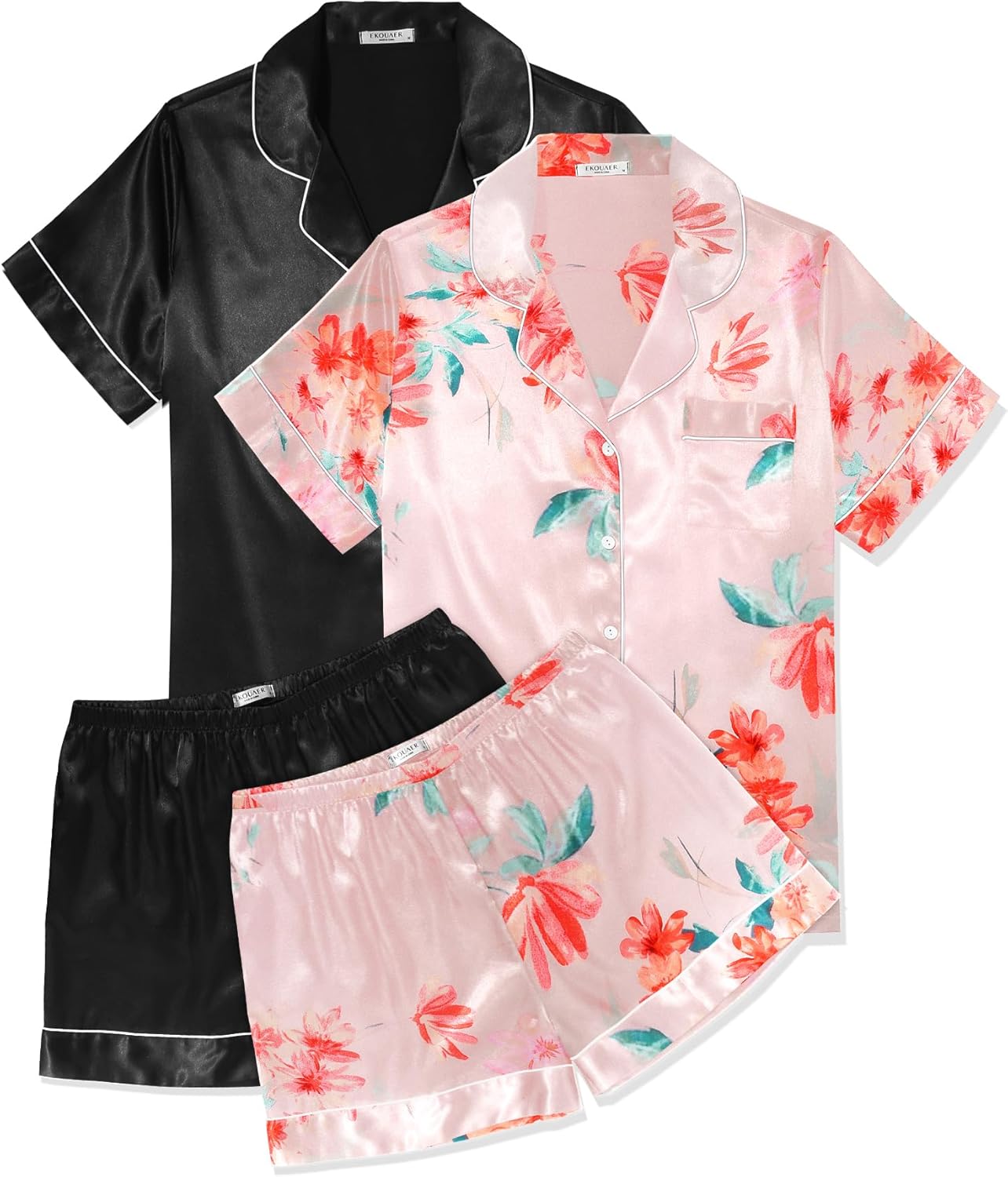 Ekouaer 2 Pack Womens Pajama Sets Silk Satin Short Sleeve Button Down Sleepwear...