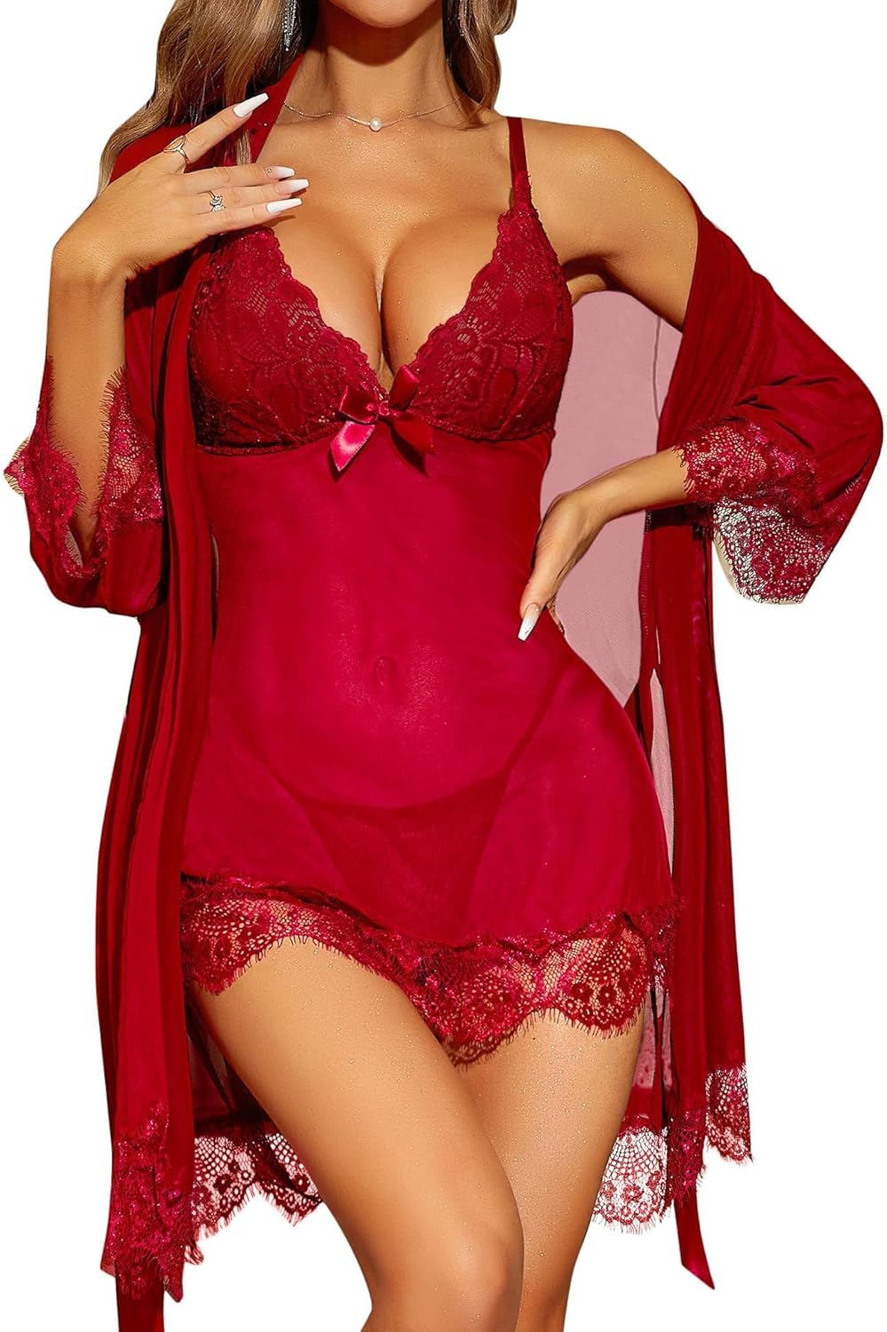 RSLOVE Sexy Lingerie for Women Lace Babydoll with Robe Nightdress Sleepwear L Wi...