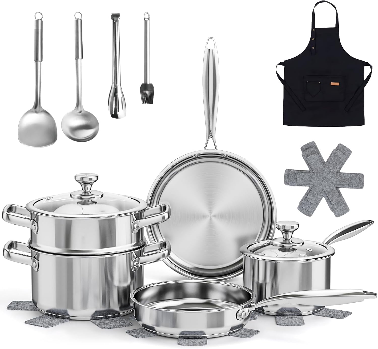 16-Piece Stainless Steel Saucepan Set, Induction Pots and Pans Set with Steamer...