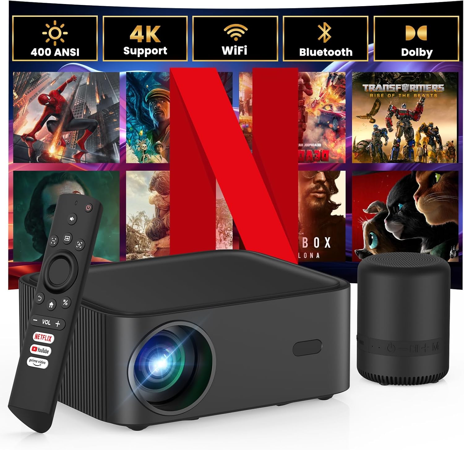 HAPPRUN Projector with Wifi and Bluetooth, Netflix-Licensed Smart Projector, 400...