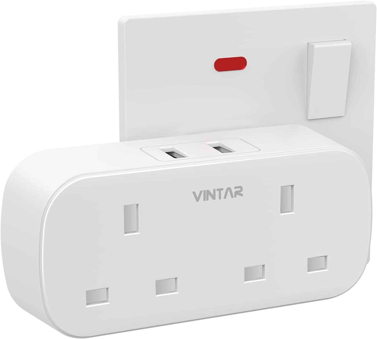 VINTAR Double Plug Adaptor with 2 USB, 2 Way Plugs Extension Multi Sockets Wall...