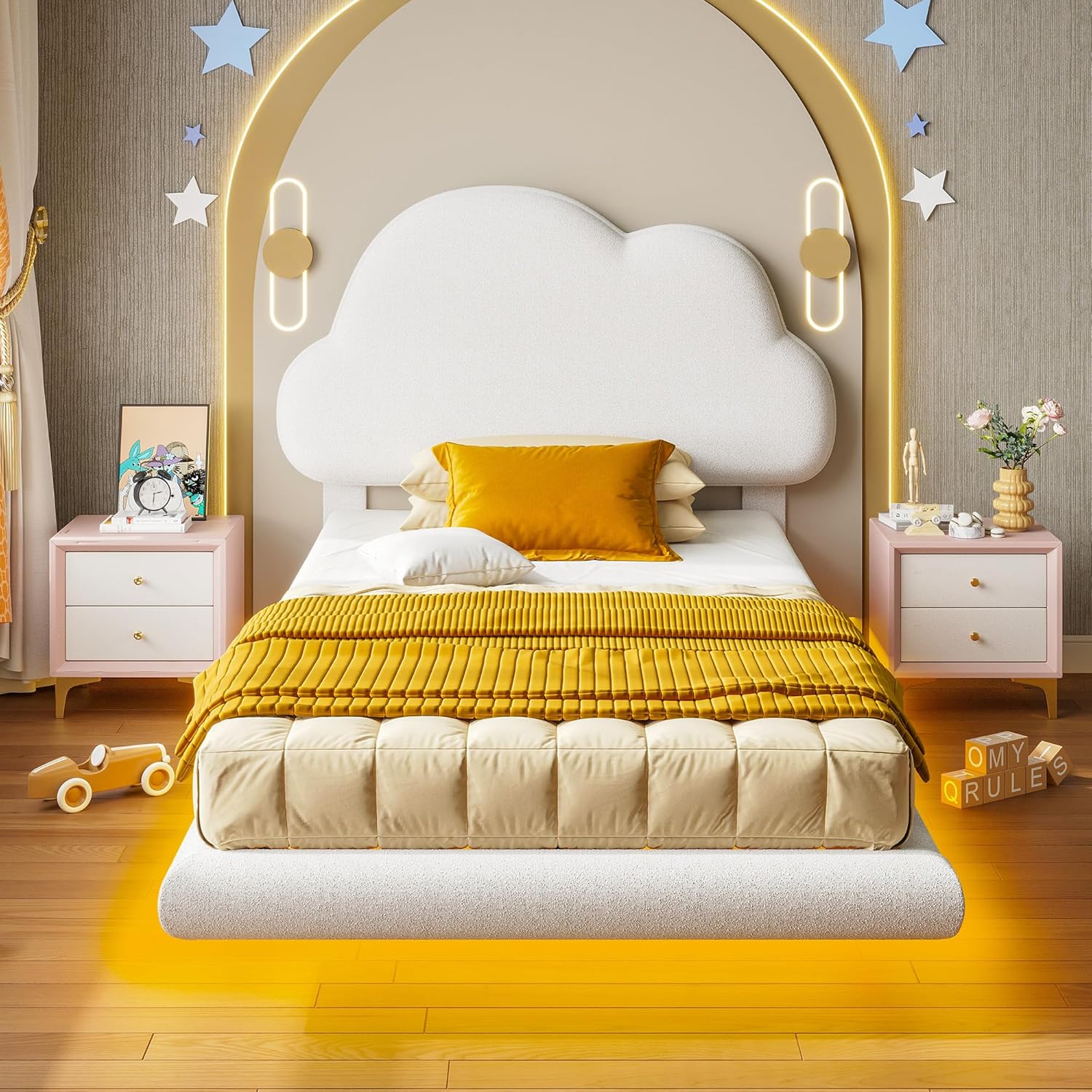 LIKIMIO Twin Bed Frames with Cloud Headboard, Upholstered Boucle Floating Platfo...