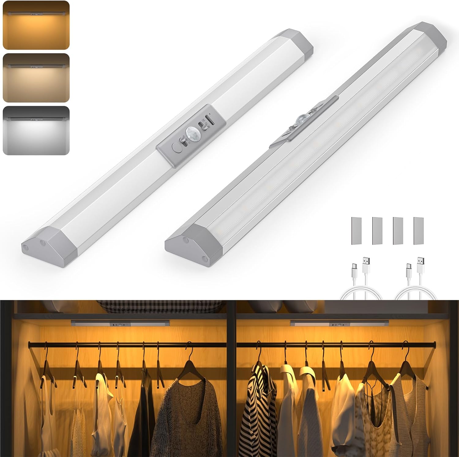 WOBANE Motion Sensor Wardrobe Lighting Dimmable,3 Color,Upgraded Eye Protection...
