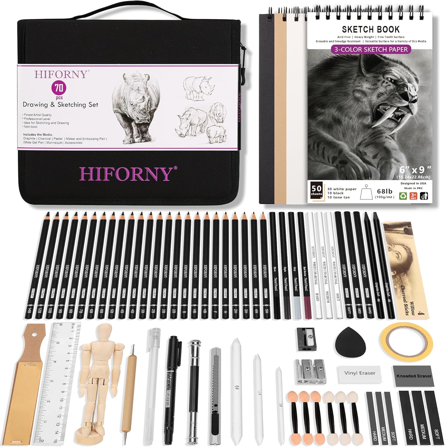 HIFORNY 70 Pcs Drawing Set Sketching Kit - Sketch Pencils Art Supplies for Adult...