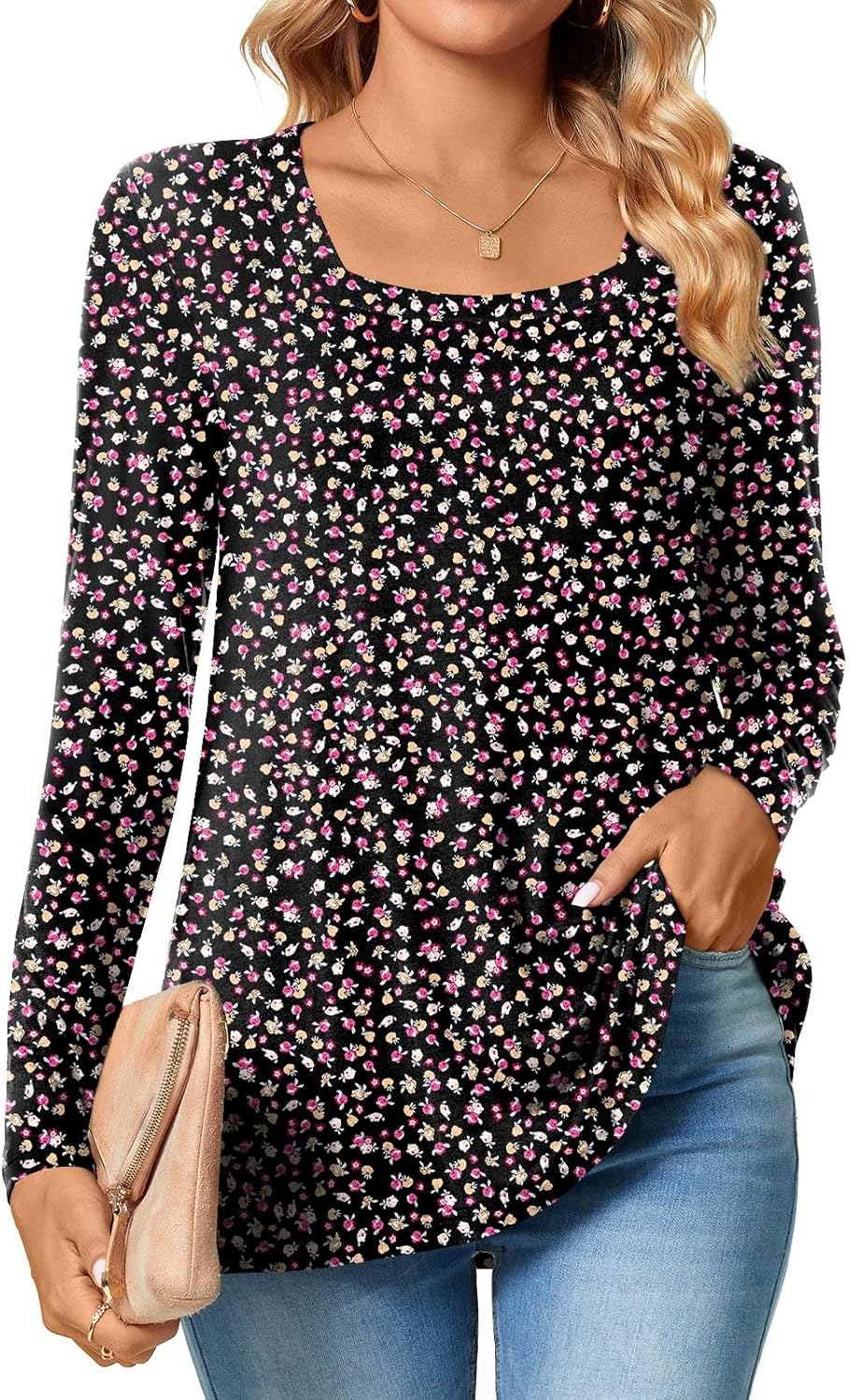 TAOHUADAO Womens 2024 Summer Casual T-Shirts Square Neck Petal Short Sleeve Tuni...