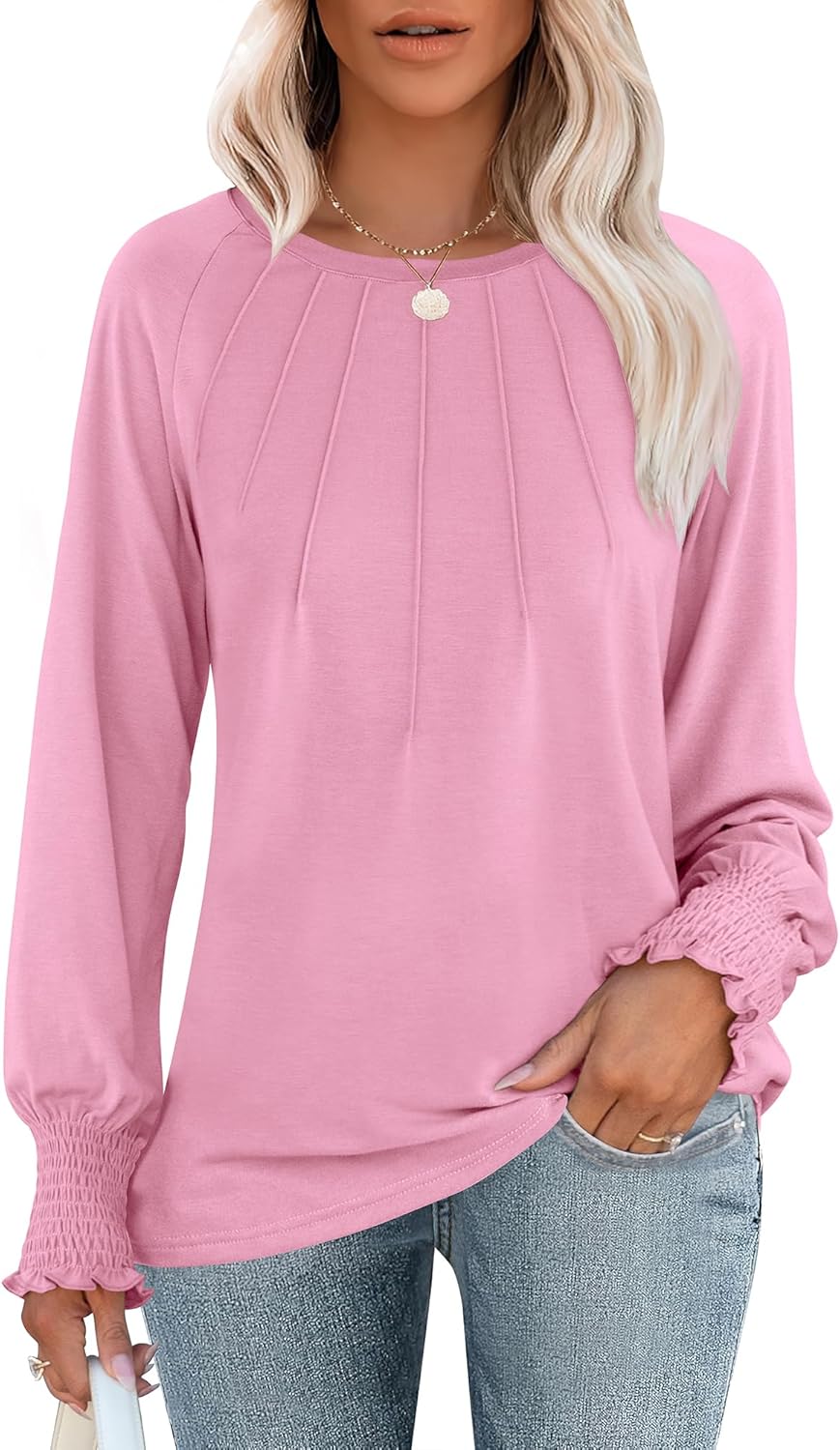 ANRABESS Women's Tops Dressy Casual Long Sleeve Pleated Shirts Crewneck Loose Ba...