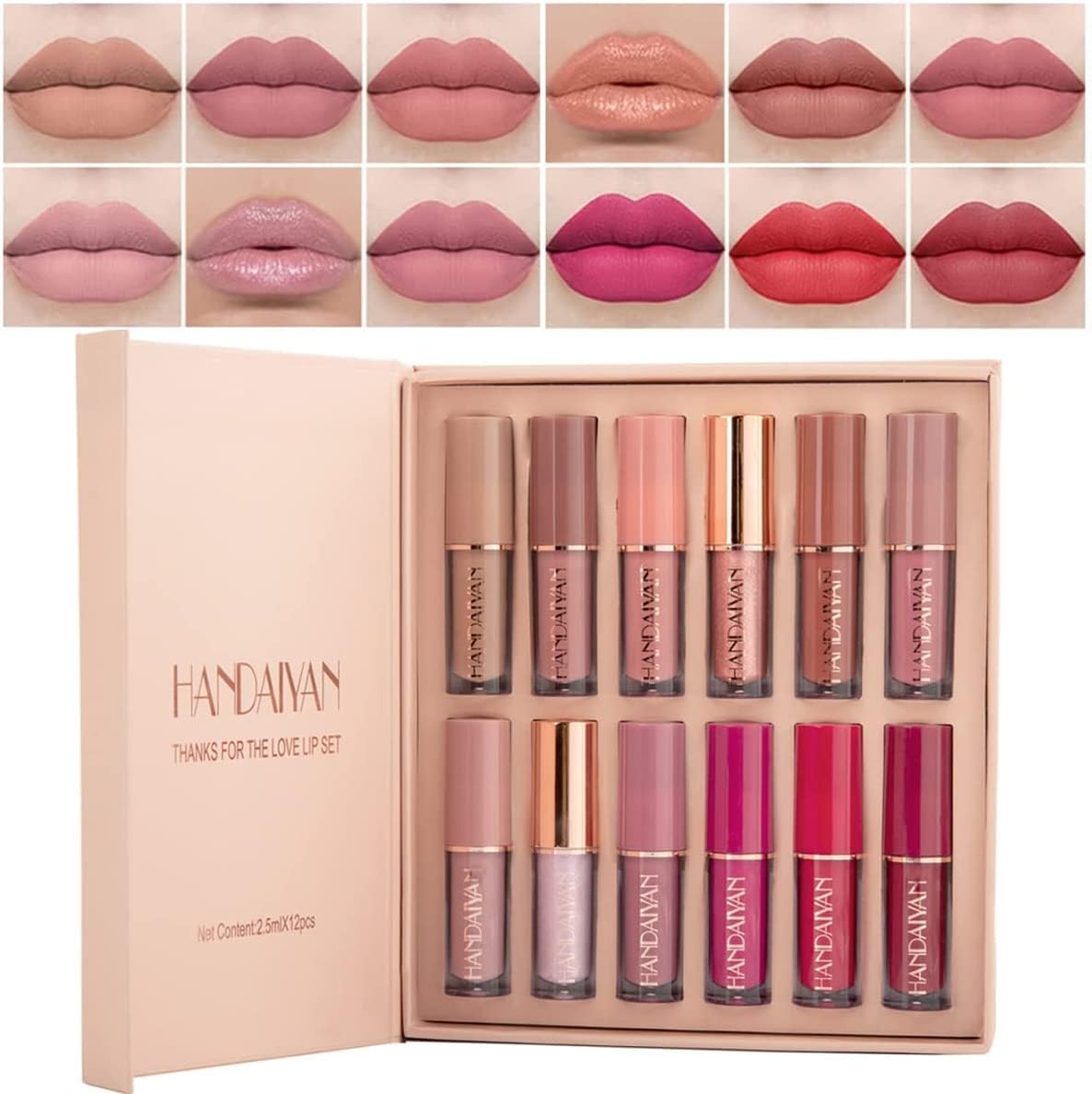 12 Colors Nude Liquid Lipstick Makeup Set Velvet Matte Long-Lasting Waterproof N...