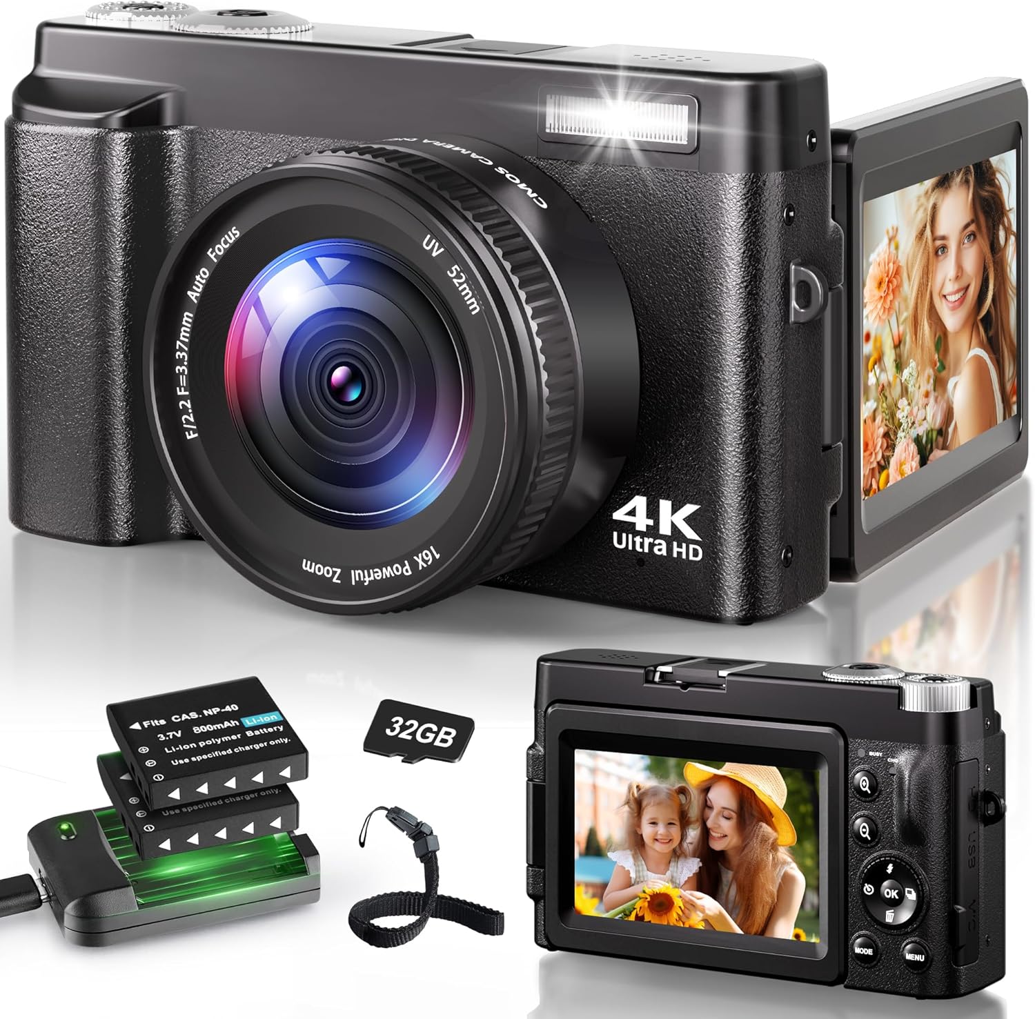 4K Digital Camera for Photography, 48MP Autofocus Vlogging Camera for YouTube wi...