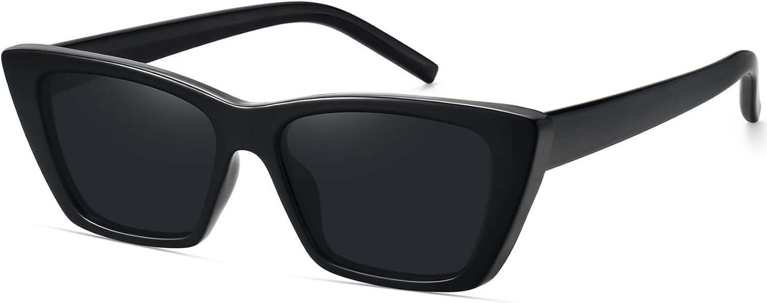 WOWSUN Narrow Small Vintage Polarized Cat Eye Sunglasses for Women Black