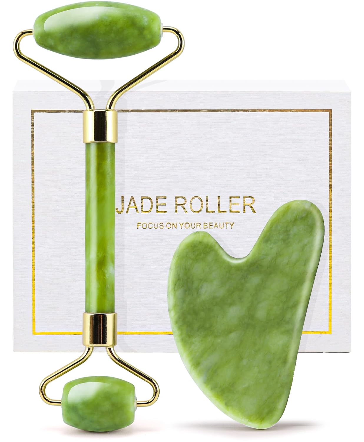 huefull Genuine Jade Roller & Gua Sha Set for Face, Cooling & Firming Effect, Sc...