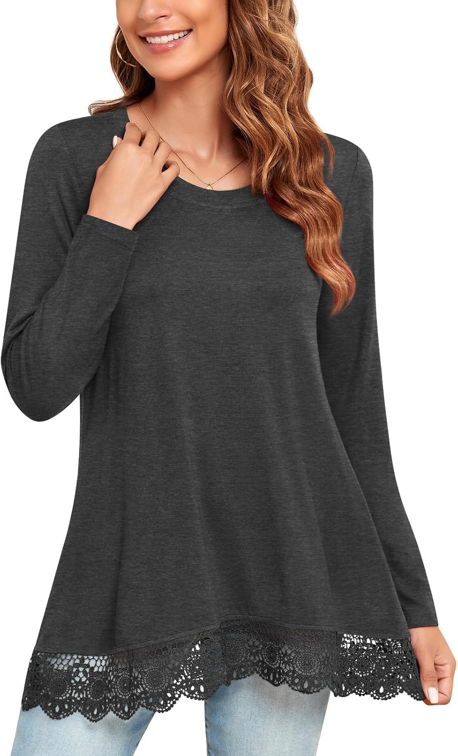 Bestbee Women's Fall Long Sleeve Tops Lace Hem Tunic Crew Neck Loose Fit Blouse...