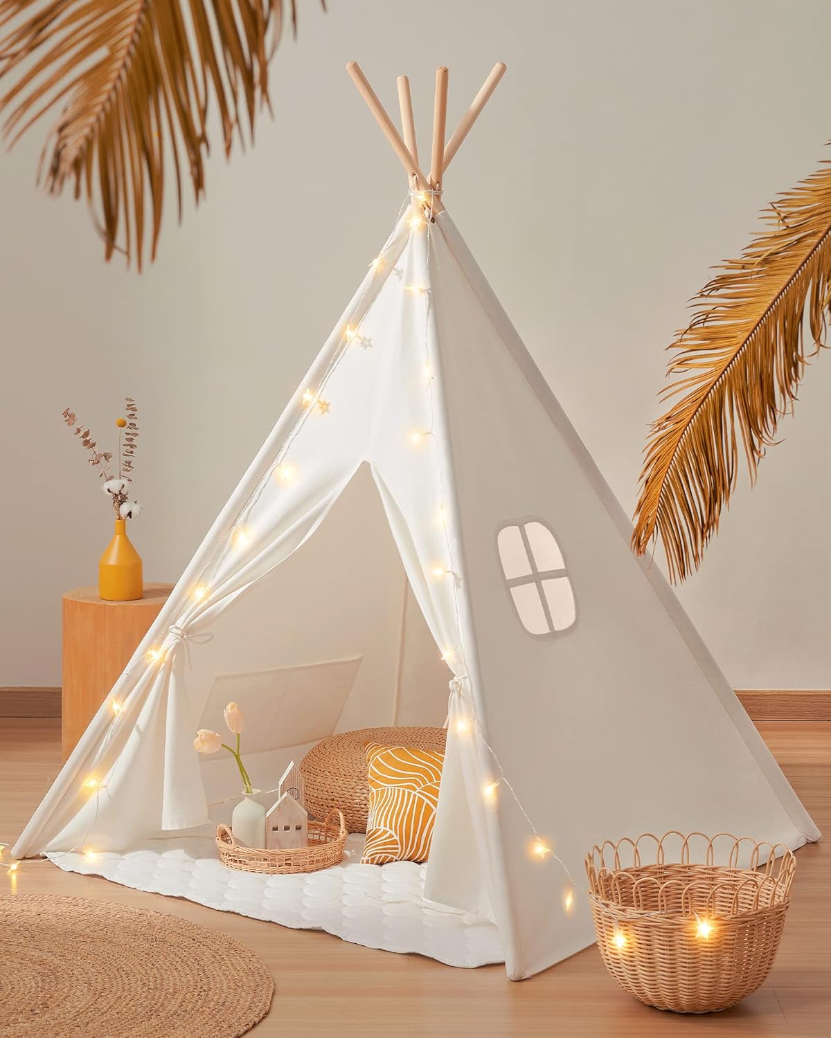 Tiny Land Teepee Tent for Kids, 100% Cotton Play Tent with Padded Mat and Star L...