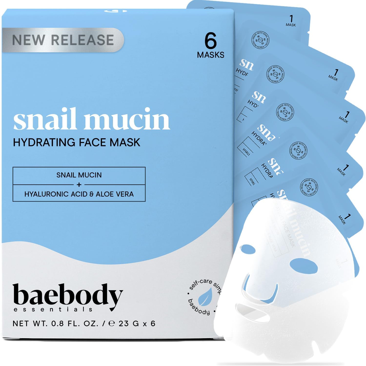 Baebody Snail Mucin Mask (6 pcs) - Hydrating Face Mask Sheet with Hyaluronic Aci...